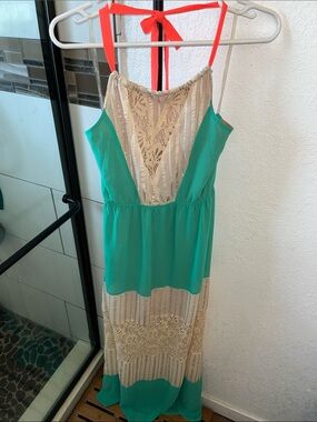 Flying Tomato Teal Halter Dress with Coral Straps